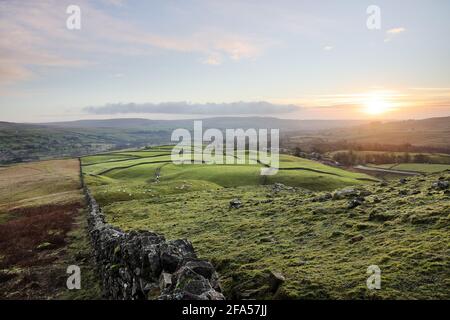 The View over Bowbank and Lunedale from Kirkcarrion at Sunrise, Teesdale, County Durham, UK Stock Photo