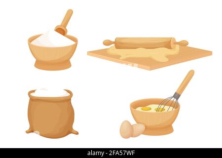 Baking set with kitchen wooden utensils, ingredients. Bowl with powder, desk with rolling pin and dough, bag with flour in cartoon style isolated on w Stock Vector