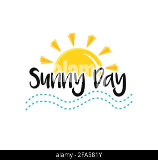 Sun, sea end text Sunny Day. Concept of summer holidays, symbol of Sunset or sunrise. Vector illustration isolated on white Stock Vector