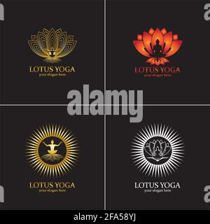 yoga logo design stock. human meditation in lotus flower vector illustration Stock Vector