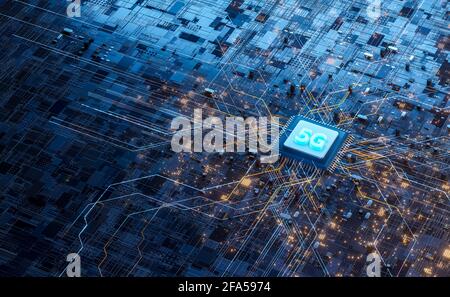 5G microchip technology background, futuristic Global 5G Mobile Networks Internet Concept Stock Photo