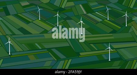 Seamless Flat Abstract Green Field And Wind Turbines Pattern Vector Illustration Geometric Background  Stock Vector