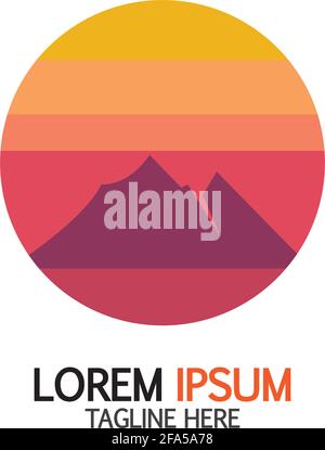 Isolated round sunset vector logo. Mountains silhouette. Minimalistic evening sky. Stock Vector
