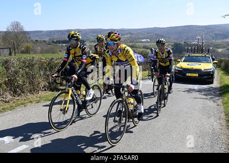 Team Jumbo-Visma riders and Slovenian Primoz Roglic of Team Jumbo-Visma pictured in action during the track reconnaissance, ahead of the 107th edition Stock Photo