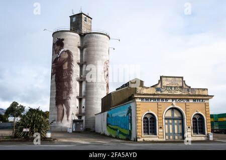 Grain Silos with murals at Empire Flour Mill, Waimate, South Canterbury, South Island, New Zealand Stock Photo