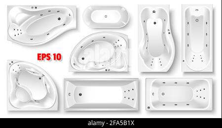 Set of white Jacuzzis and tubs, top view. View in terms of bathroom design and advertising. In 3D realistic style. Isolated on a white background. Vec Stock Vector