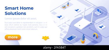 SMART HOME SOLUTIONS - Isometric Design in Trendy Colors Isometrical Icons on Blue Background. Banner Layout Template for Website Development. Smart Home Concept. Stock Vector