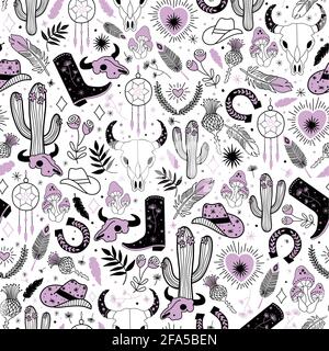 Cowgirl seamless vector pattern. Western rodeo boho repeating background black line art. Cowboy boots, cowgirl hat, cactus, dessert, skull bohemian Stock Vector