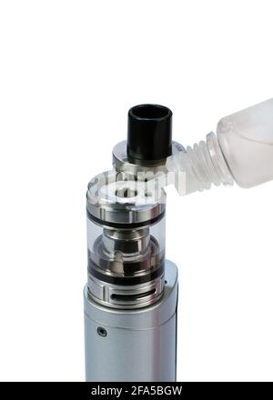 E-cigarette. Filling of atomizer tank with e-liquid on white background. Stock Photo