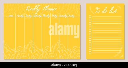 Set of day organization templates with doodle flowers and herbs. Weekly planner and to do list. Vector yellow cards with natural pattern. Setting task Stock Vector