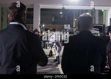 Kennedy Space Station, Florida, USA. April 23 2021: SpaceX Chief Engineer Elon Musk, left, and Acting NASA Administrator Steve Jurczyk, right, watch as ESA (European Space Agency) astronaut Thomas Pesquet, Japan Aerospace Exploration Agency (JAXA) astronaut Akihiko Hoshide, and NASA astronauts Shane Kimbrough and Megan McArthur, prepare to depart the Neil A. Armstrong Operations and Checkout Building for Launch Complex 39A to board the SpaceX Crew Dragon spacecraft for the Crew-2 mission launch, Friday, April 23, 2021, at NASA's Kennedy Space Center in Florida. Credit: dpa picture alliance/Ala Stock Photo