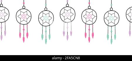 Seamless dreamcatchers border vector illustration. Hand drawn dream catchers repeating horizontal header pattern Stock Vector
