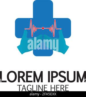 Cross Medical Logo With Hand Care. Medical Secure Logo Template Design Vector Stock Vector