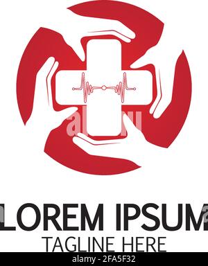 Cross Medical Logo With Hand Care. Medical Secure Logo Template Design Vector Stock Vector