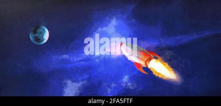 Space rocket on the background of the galaxy. Panoramic view. Artistic work
