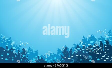 Underwater Background with Fishes, Sea plants and Coral Reefs Stock ...