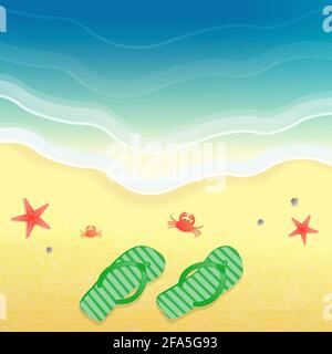 Background for design on the beach, with slippers and sea crabs. Stock Vector