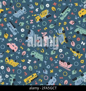 Vector dark blue pastel pen skech doodle cute cement trucks transport vehicles with alphabets seamless pattern. Suitable for textile, gift wrap and Stock Vector