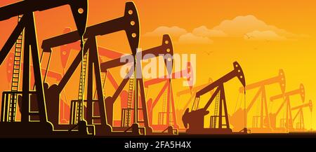silhouette of working oil pumps on sunset background Stock Vector