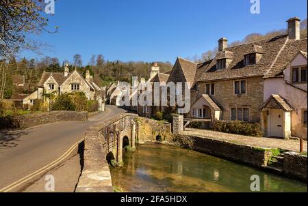 Castle Cambe is a pcturesque English village in the Cotswolds in the county of Wiltshire in southwestern England. Stock Photo