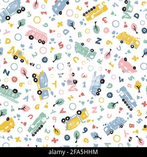 Vector white pastel pen skech doodle cute cement trucks transport vehicles with alphabets seamless pattern. Suitable for textile, gift wrap and Stock Vector