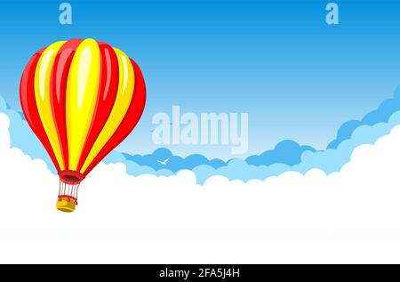 Hot Air Balloon in the blue sky with white clouds and birds. Illustration, vector Stock Vector