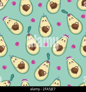Seamless pattern with different cute avocados. vector illustration. avocado with the pit in the shape of a heart, avocado in a hat, unicorn, with a bo Stock Vector