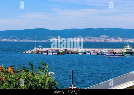 Beautiful Sunny Beach coast with architecture near the water Stock Photo