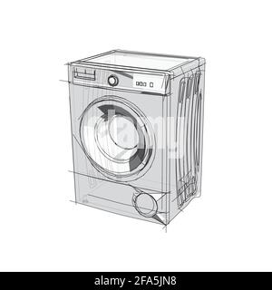 Technical drawing of a washing machine in an architectural style. Schematic vector illustration of a washer on white background Stock Vector