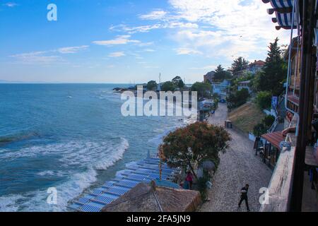 Beautiful Sunny Beach coast with architecture near the water Stock Photo