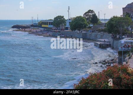 Beautiful Sunny Beach coast with architecture near the water Stock Photo