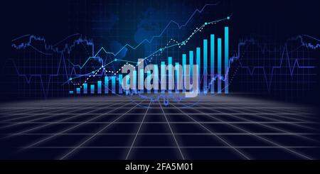 Stock market exchange technology or world economy, business growth concept. Abstract financial charts and graphs background. 3d Illustration. Stock Photo