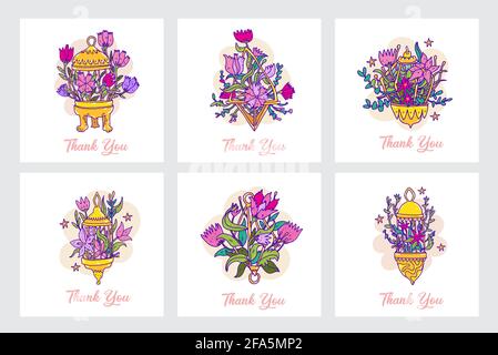 Thank you card set. Thank you cards with flowers composition. Vector illustration in cartoon hand drawn doodle style. Flowers bouquets in a golden vin Stock Vector