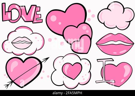 Set of stickers on the theme of love. Hearts, clouds, the word love, bright pink lips. Cute feminine stickers for design and prigagag in feelings.Vect Stock Vector