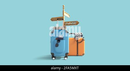 Holiday and travel concept. Blue and orange suitcase, hat and camera with wooden direction sign on pastel blue background. 3d rendering Stock Photo