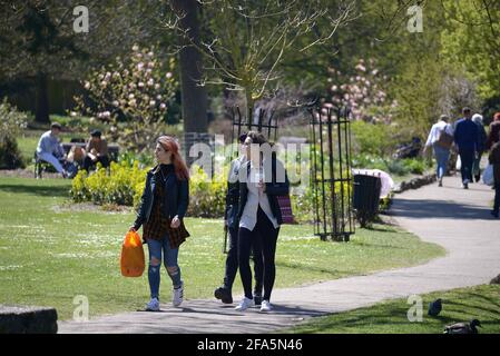 Canterbury Kent, UK. 23rd Apr, 2021. Visitors to Westgate Gardens in Canterbury Kent enjoy the warm spring weather both on and off the River Great Stour Credit: MARTIN DALTON/Alamy Live News Stock Photo