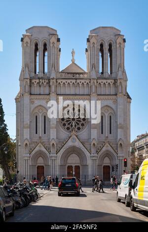 Nice, France - March 27 2019: The Basilica of Notre-Dame de Nice is a Neo-Gothic Roman Catholic basilica situated on the Avenue Jean-Médecin in the do Stock Photo
