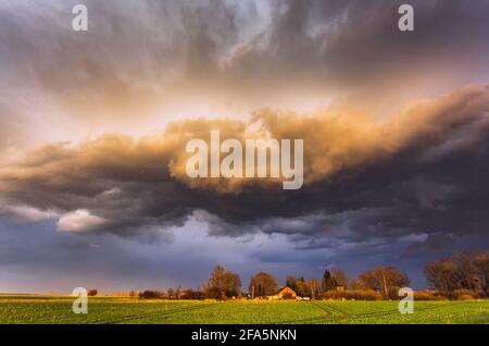 Storm Clouds in sunset light, dramatic storm clouds Stock Photo