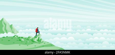 Travelers come to the top of a mountain to watch the morning mist. Stock Vector