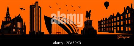 Vector city skyline silhouette - illustration,  Town in orange background,  Glasgow Scotland Stock Vector