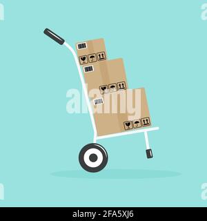 Flat hand truck with three boxes vector illustration Stock Vector