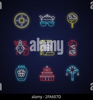 Chinese traditions neon light icons set Stock Vector