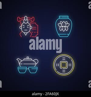 Asia neon light icons set Stock Vector