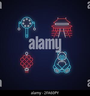 Chinese culture neon light icons set Stock Vector