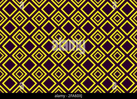 Seamless pattern illustration of diagonal squares with yellow borders, dark purple background and are arranged zigzag. Stock Photo