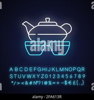 Chinese tea set neon light icon Stock Vector