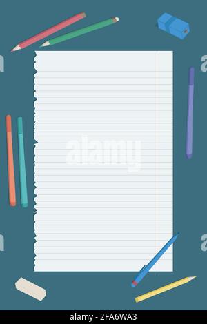 Realistic blank lined paper sheet with shadow with pencils, markers and pen around it on blue background. Lined page ripped from notebook. Education s Stock Vector