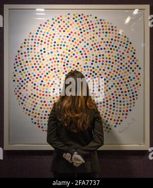 Bonhams, Knightsbridge, London, UK. 23 April 2021. The sale of Prints & Multiples will take place at Bonhams on 28 April, and covers works from the 17th to 21st centuries. Image: Damien Hirst, Valium, estimate: £6,000-8,000. Credit: Malcolm Park/Alamy Live News. Stock Photo