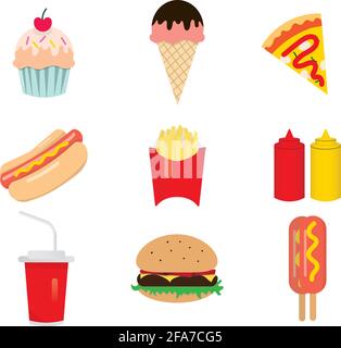 Set of nine vector fast foods including an ice cream, cupcake or muffin, hotdog, burger, pizza, two sauces and a soda drink. Stock Vector