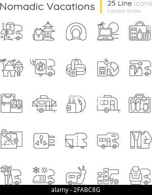 Nomadic vacations linear icons set Stock Vector